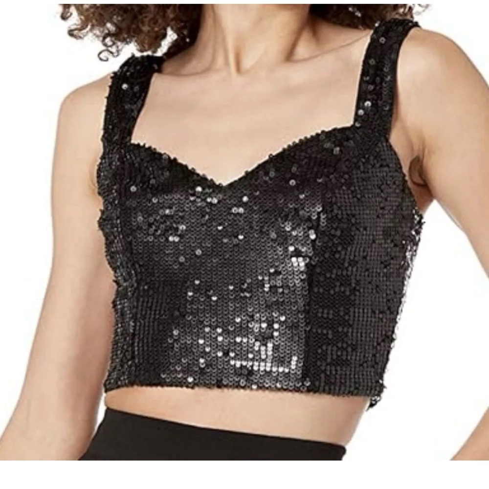 Dress The Population Olivia Black Crop Sequin Top Large NWT